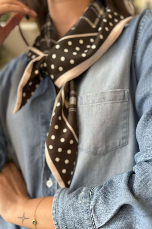 Plaid & Polka Border Triangle Silk Neckerchief Deep Khaki